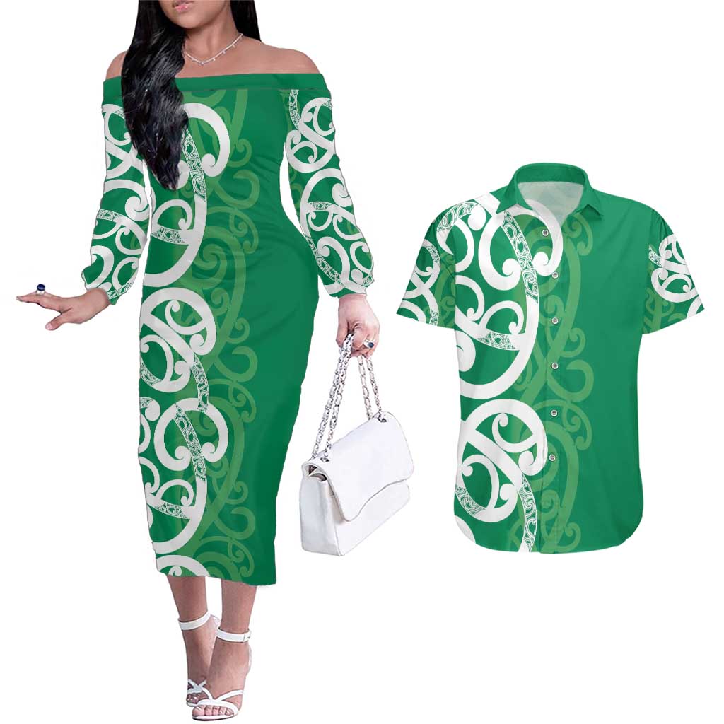 Pounamu Green Maori Couples Matching Off The Shoulder Long Sleeve Dress and Hawaiian Shirt Koru Kowhaiwhai LT7 Green - Polynesian Pride