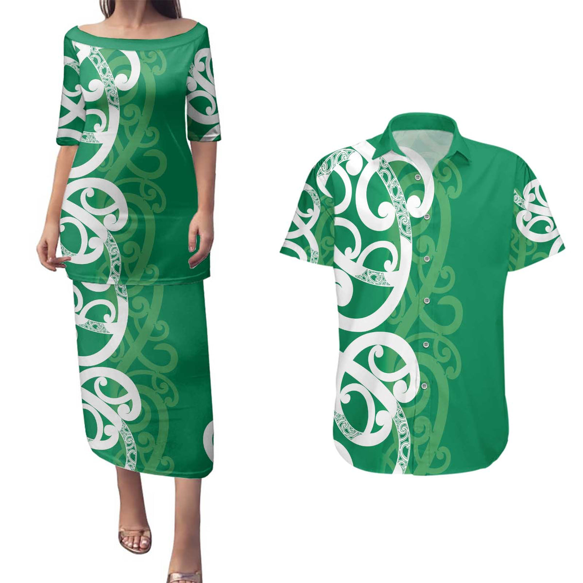 Pounamu Green Maori Couples Matching Puletasi and Hawaiian Shirt Koru Kowhaiwhai LT7 Green - Polynesian Pride