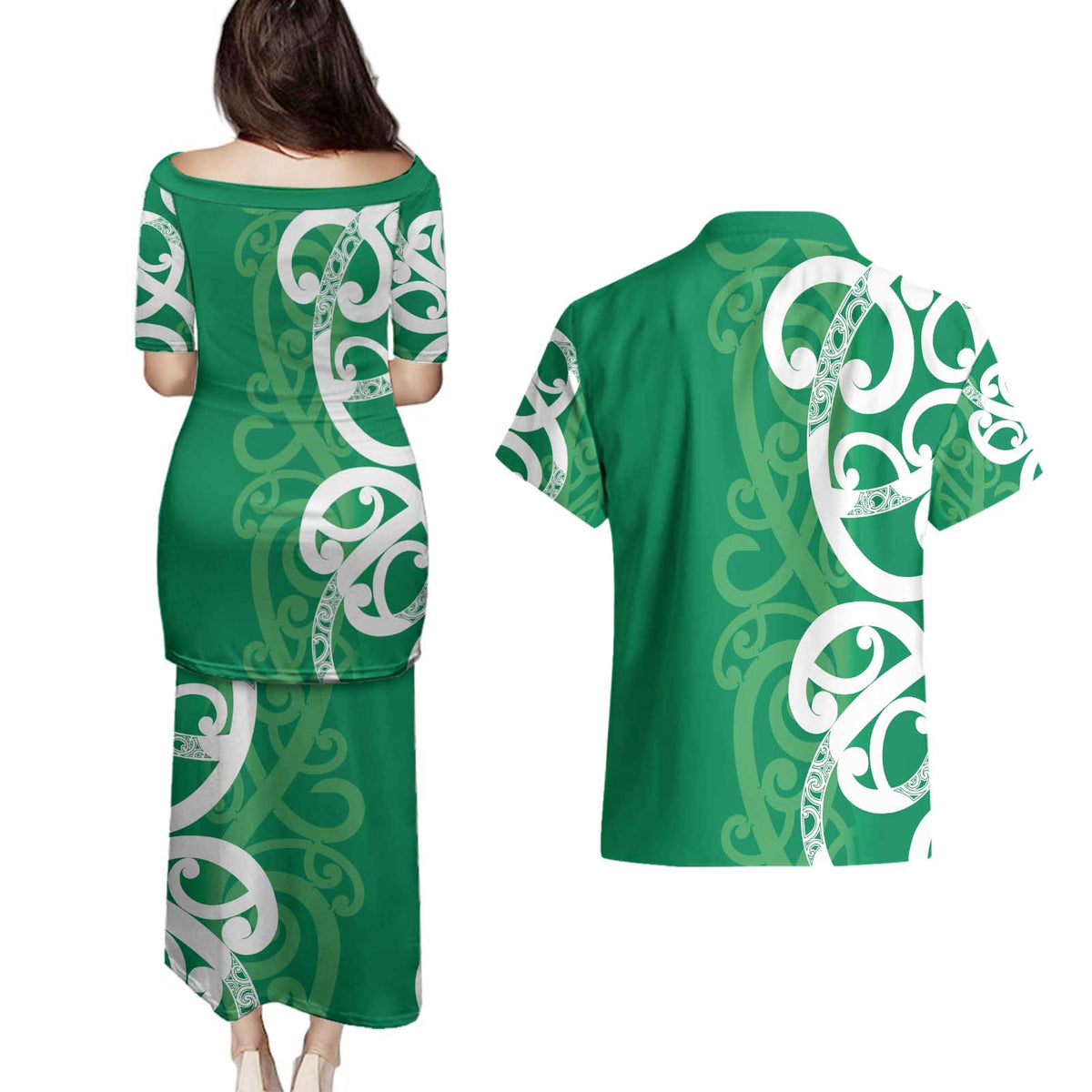 Pounamu Green Maori Couples Matching Puletasi and Hawaiian Shirt Koru Kowhaiwhai LT7 - Polynesian Pride