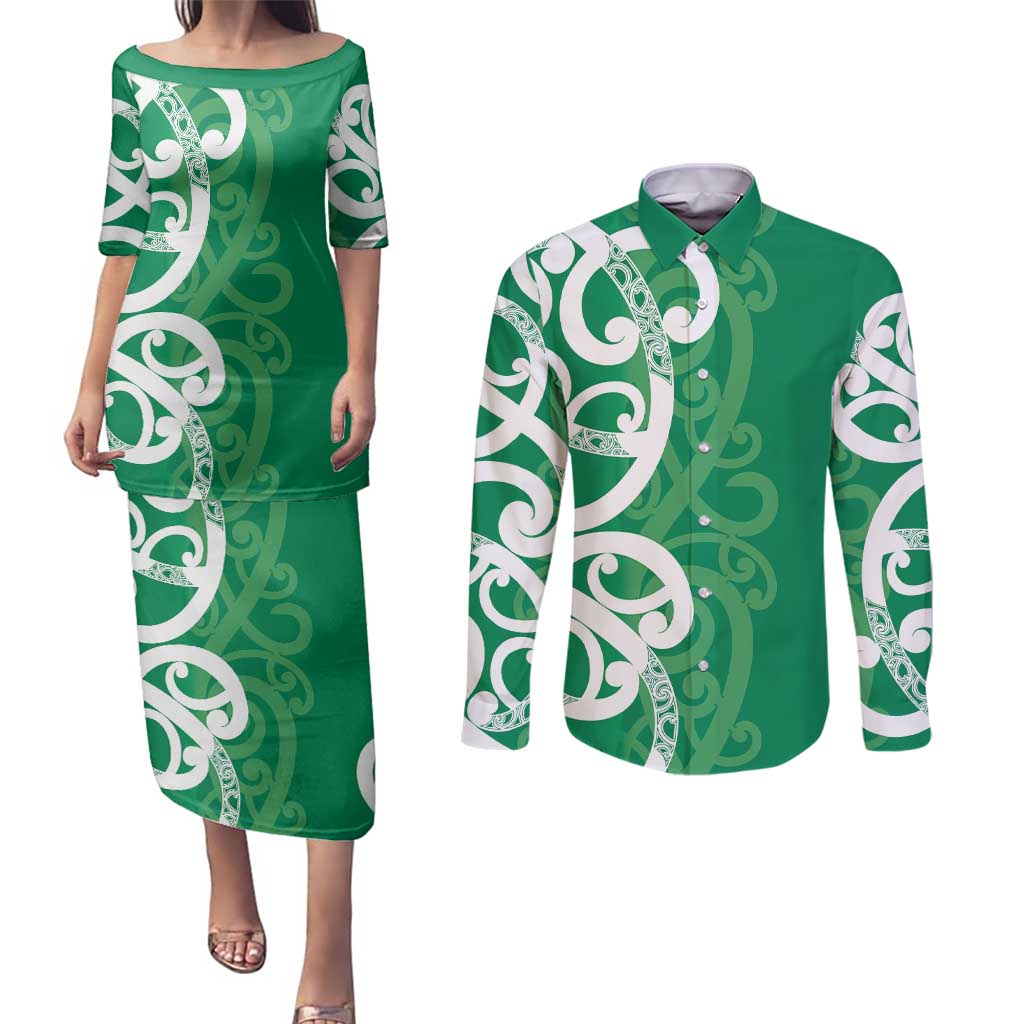 Pounamu Green Maori Couples Matching Puletasi and Long Sleeve Button Shirt Koru Kowhaiwhai - Polynesian Pride