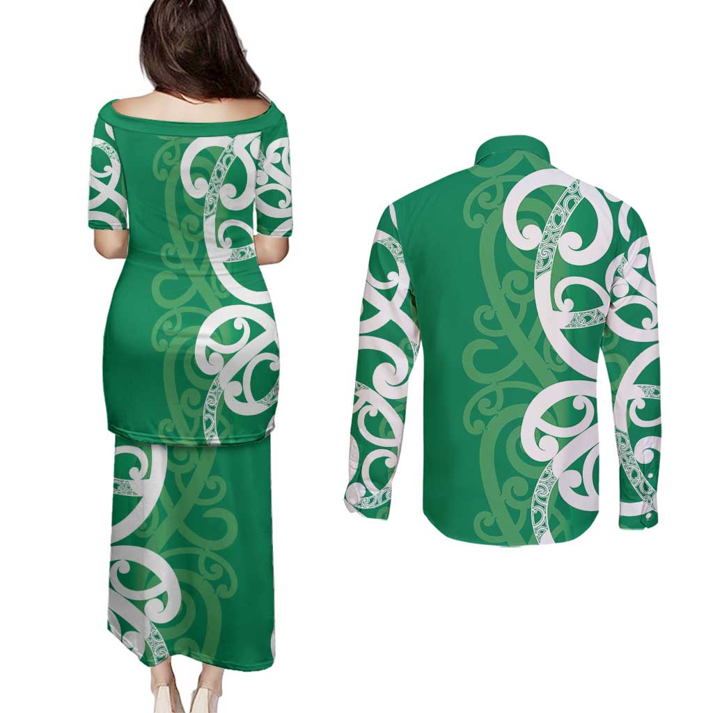 Pounamu Green Maori Couples Matching Puletasi and Long Sleeve Button Shirt Koru Kowhaiwhai - Polynesian Pride