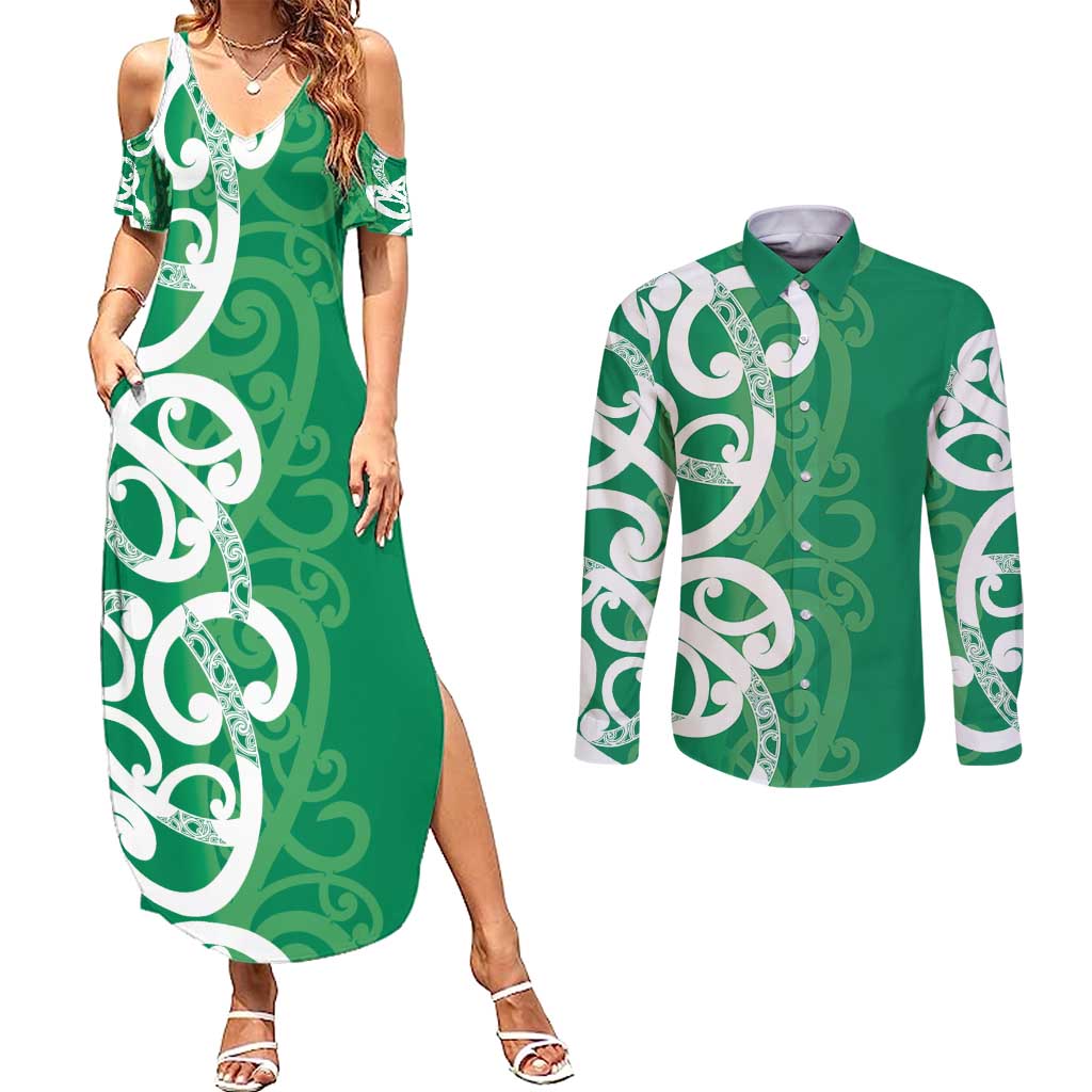 Pounamu Green Maori Couples Matching Summer Maxi Dress and Long Sleeve Button Shirt Koru Kowhaiwhai LT7 Green - Polynesian Pride
