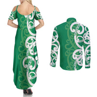 Pounamu Green Maori Couples Matching Summer Maxi Dress and Long Sleeve Button Shirt Koru Kowhaiwhai LT7 - Polynesian Pride