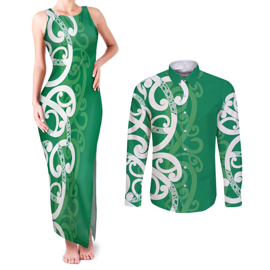 Pounamu Green Maori Couples Matching Tank Maxi Dress and Long Sleeve Button Shirt Koru Kowhaiwhai LT7 Green - Polynesian Pride