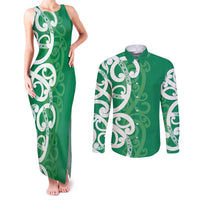 Pounamu Green Maori Couples Matching Tank Maxi Dress and Long Sleeve Button Shirt Koru Kowhaiwhai LT7 Green - Polynesian Pride