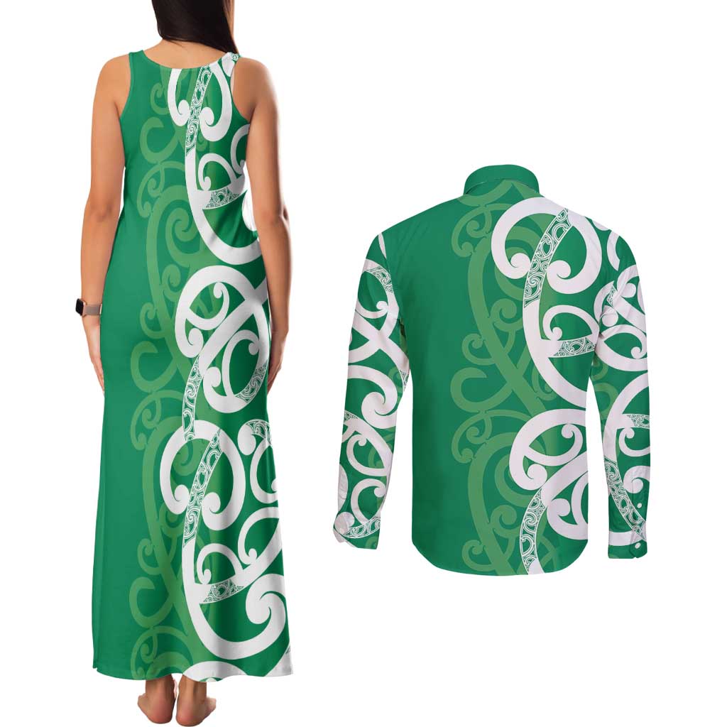 Pounamu Green Maori Couples Matching Tank Maxi Dress and Long Sleeve Button Shirt Koru Kowhaiwhai LT7 - Polynesian Pride