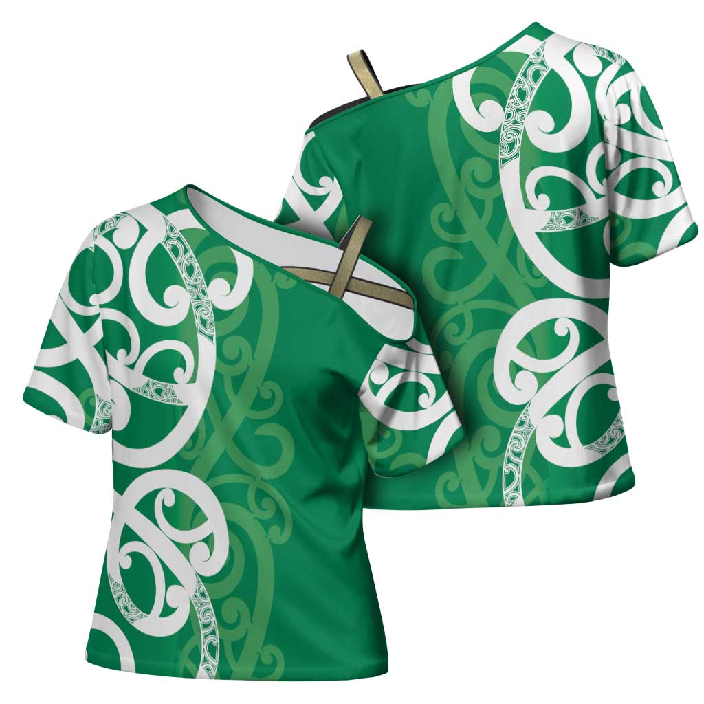 Pounamu Green Maori Cross Shoulder Shirt Koru Kowhaiwhai - Polynesian Pride