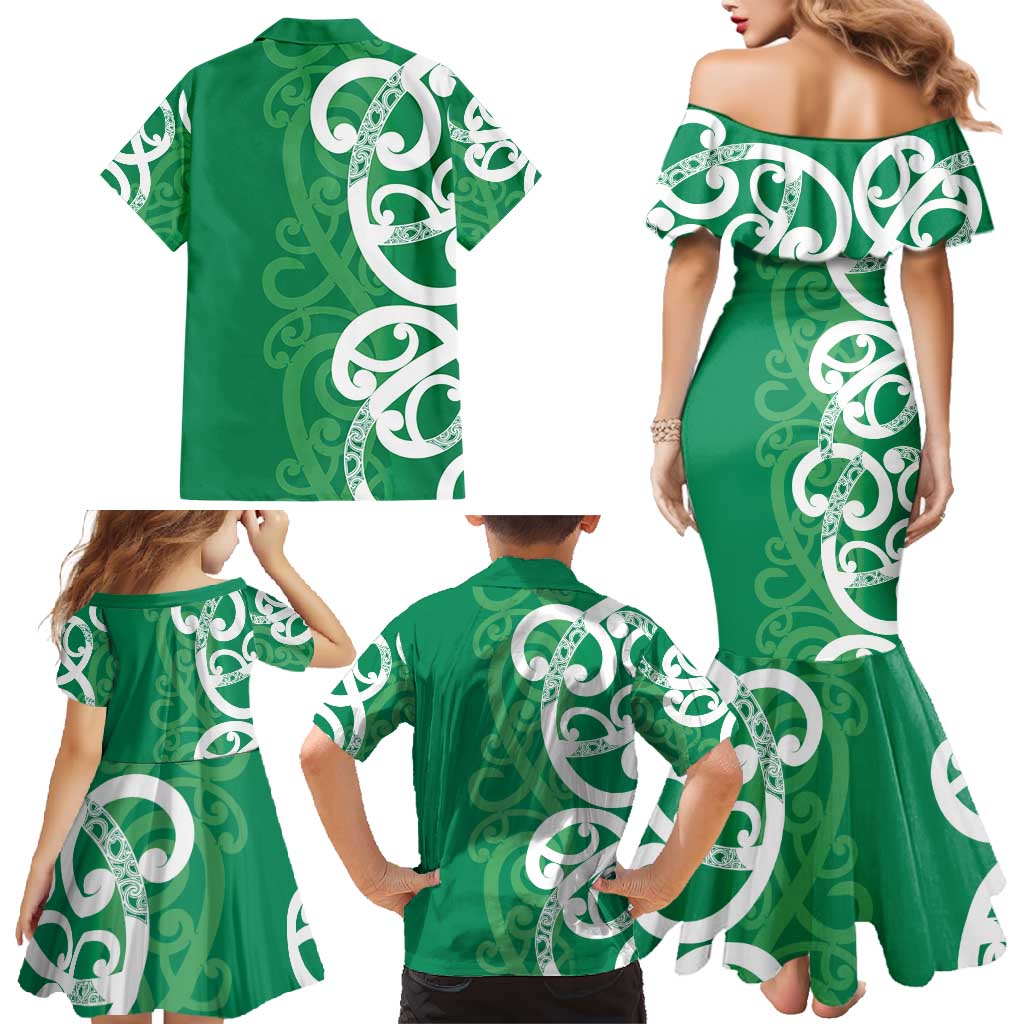Pounamu Green Maori Family Matching Mermaid Dress and Hawaiian Shirt Koru Kowhaiwhai LT7 - Polynesian Pride