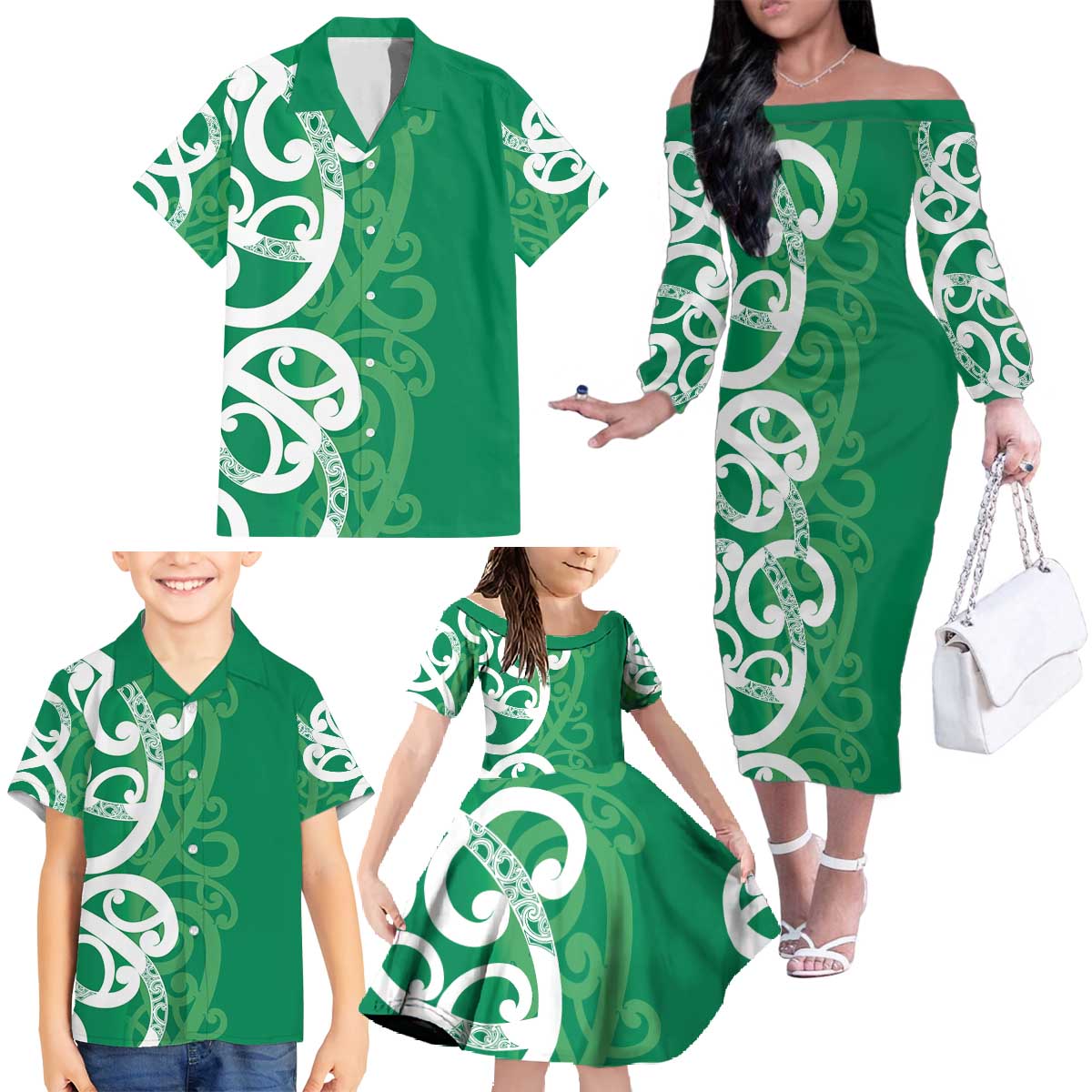 Pounamu Green Maori Family Matching Off The Shoulder Long Sleeve Dress and Hawaiian Shirt Koru Kowhaiwhai - Polynesian Pride