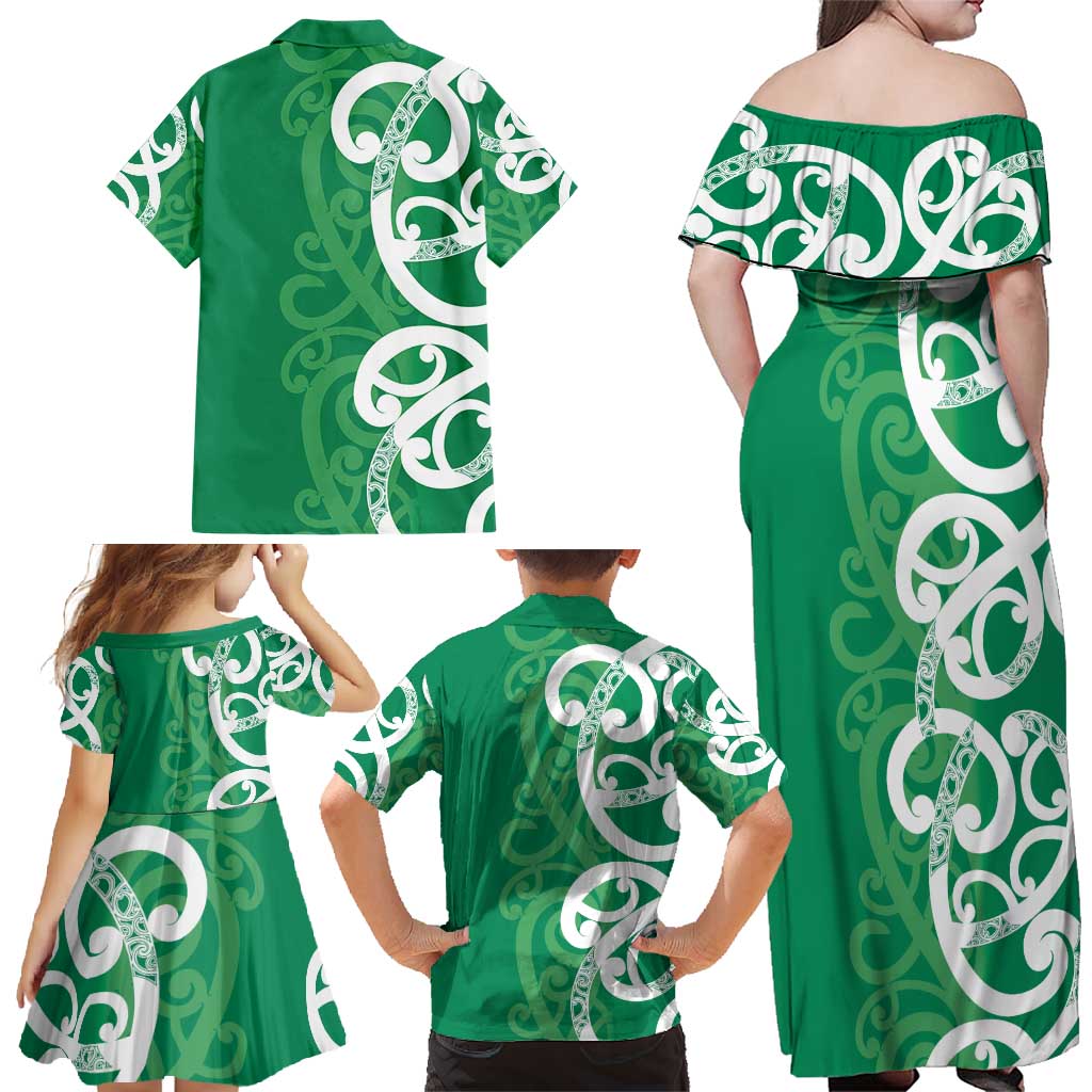Pounamu Green Maori Family Matching Off Shoulder Maxi Dress and Hawaiian Shirt Koru Kowhaiwhai LT7 - Polynesian Pride