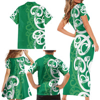 Pounamu Green Maori Family Matching Short Sleeve Bodycon Dress and Hawaiian Shirt Koru Kowhaiwhai LT7 - Polynesian Pride