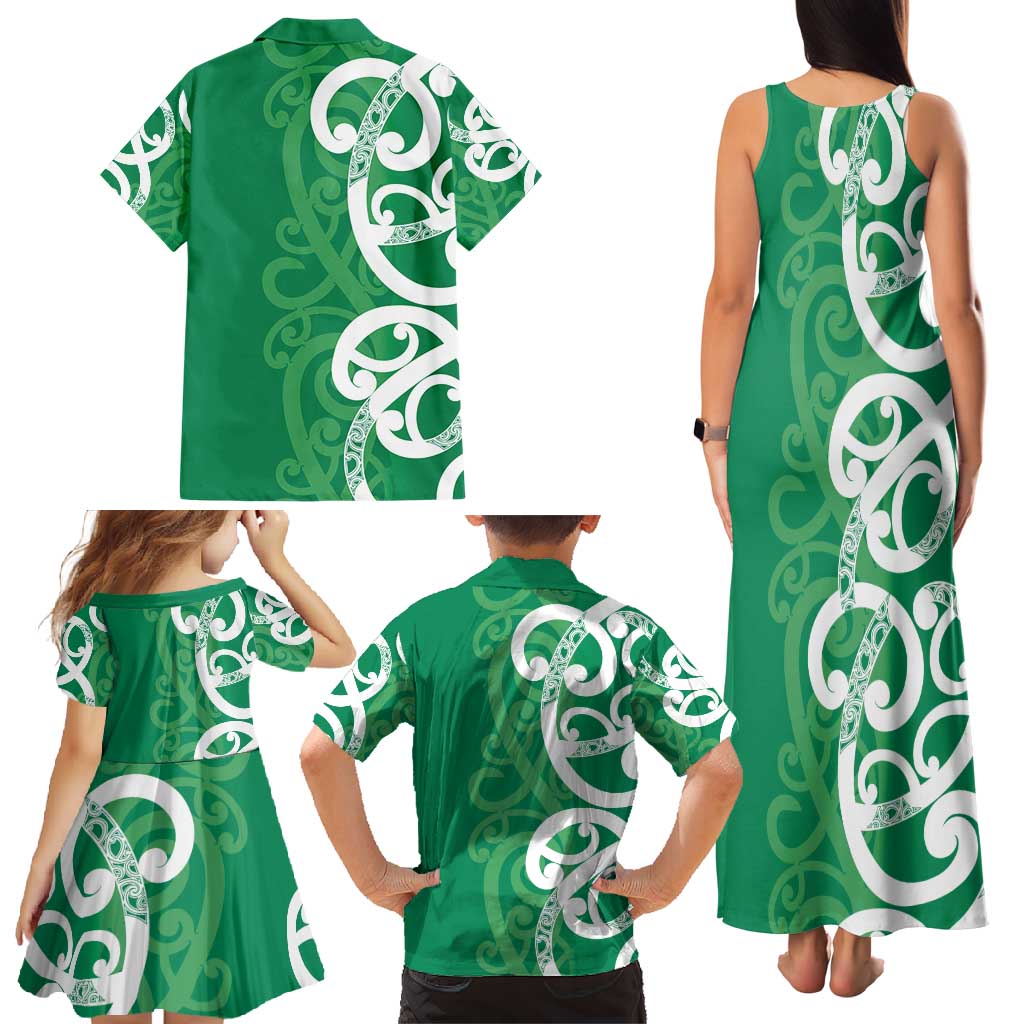 Pounamu Green Maori Family Matching Tank Maxi Dress and Hawaiian Shirt Koru Kowhaiwhai LT7 - Polynesian Pride