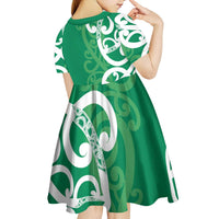 Pounamu Green Maori Kid Short Sleeve Dress Koru Kowhaiwhai - Polynesian Pride