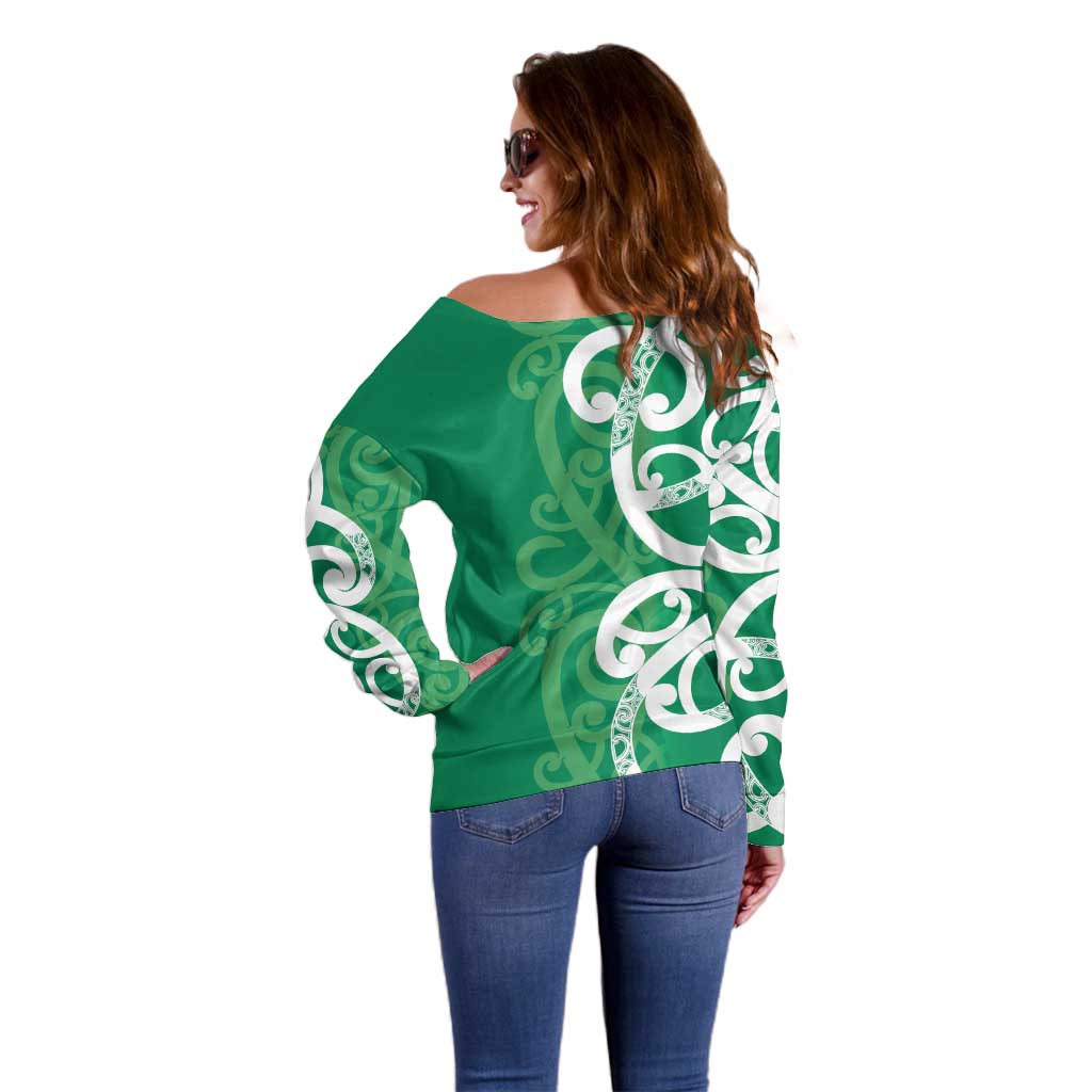Pounamu Green Maori Off Shoulder Sweater Koru Kowhaiwhai - Polynesian Pride