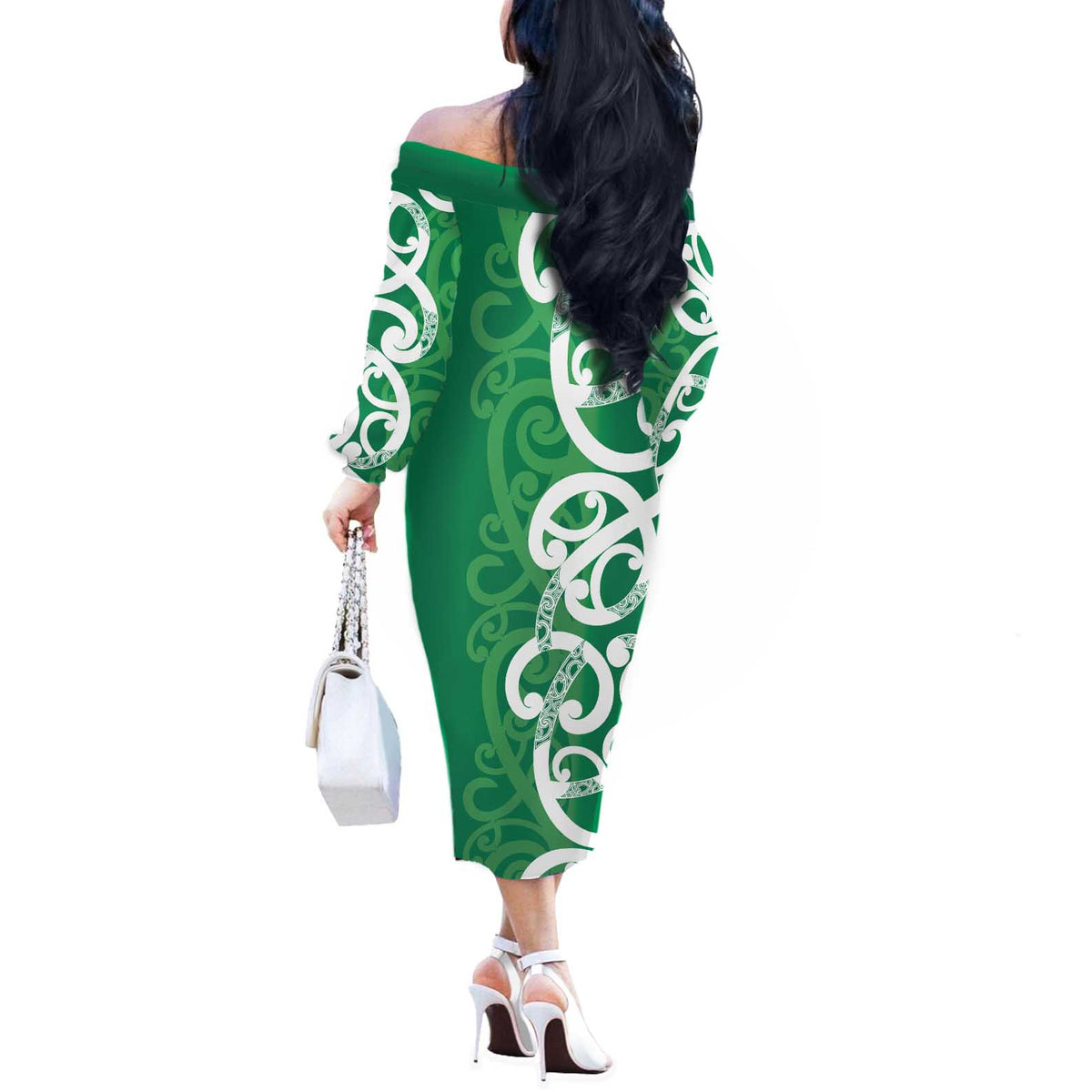 Pounamu Green Maori Off The Shoulder Long Sleeve Dress Koru Kowhaiwhai LT7 - Polynesian Pride