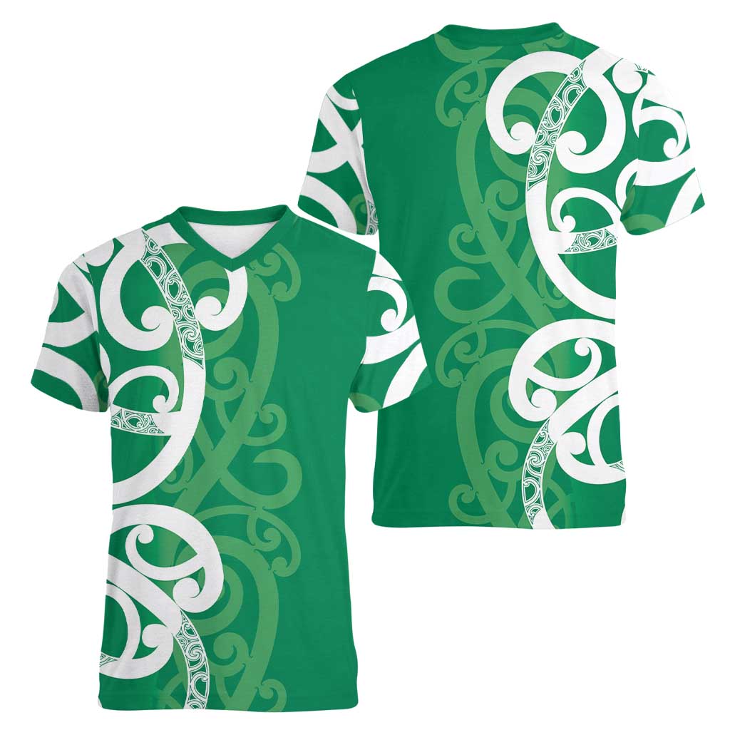 Pounamu Green Maori Women V-Neck T-Shirt Koru Kowhaiwhai LT7 - Polynesian Pride