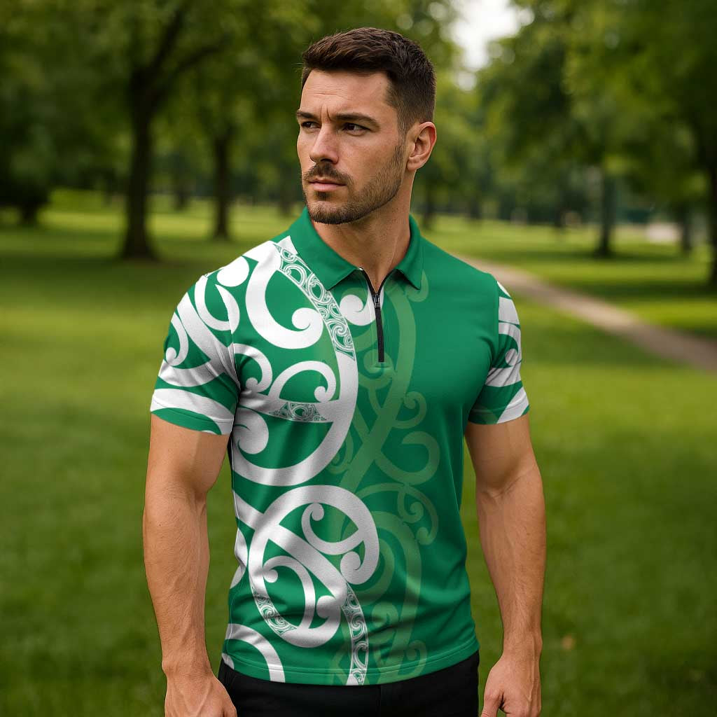 Pounamu Green Maori Zipper Polo Shirt Koru Kowhaiwhai - Polynesian Pride