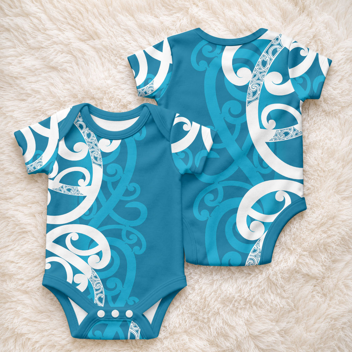 Azure Blue Maori Baby Onesie Koru Kowhaiwhai