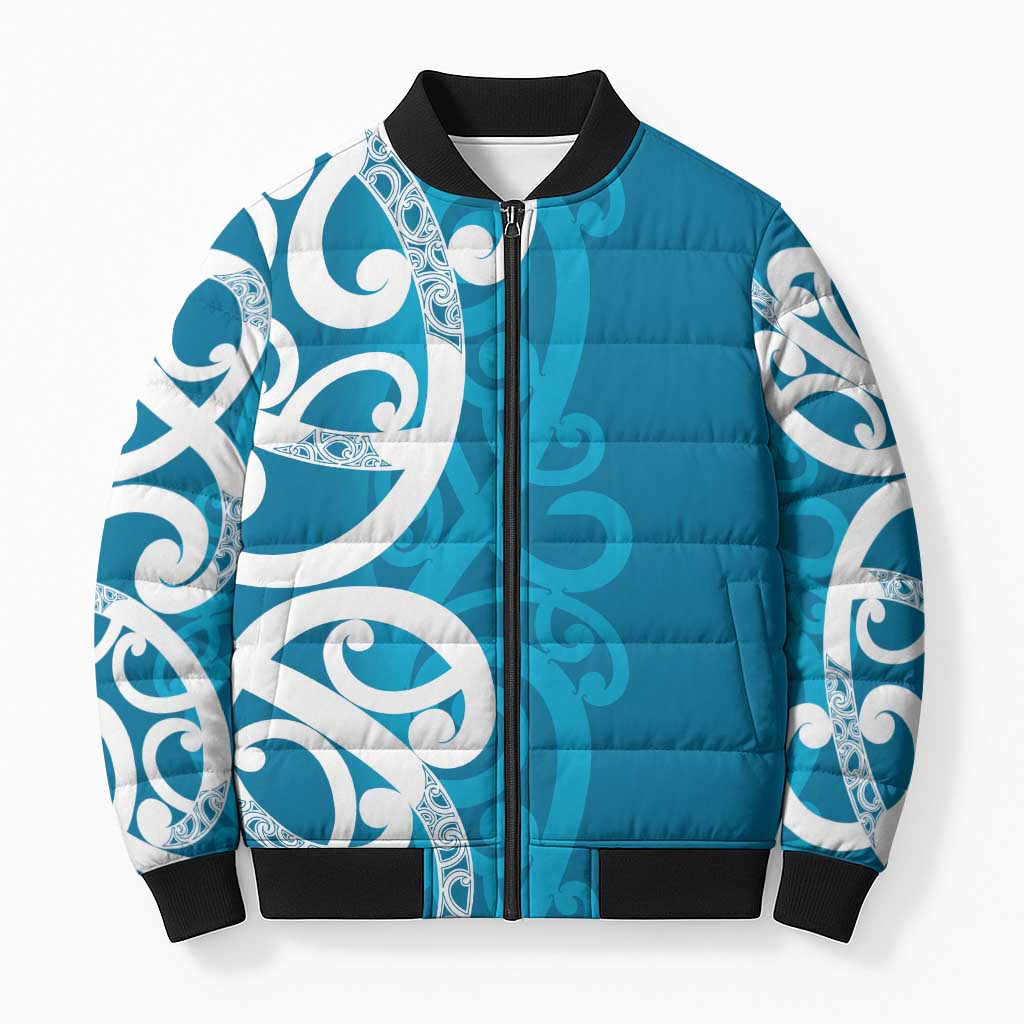 Azure Blue Maori Bomber Puffer Jacket Koru Kowhaiwhai - Polynesian Pride