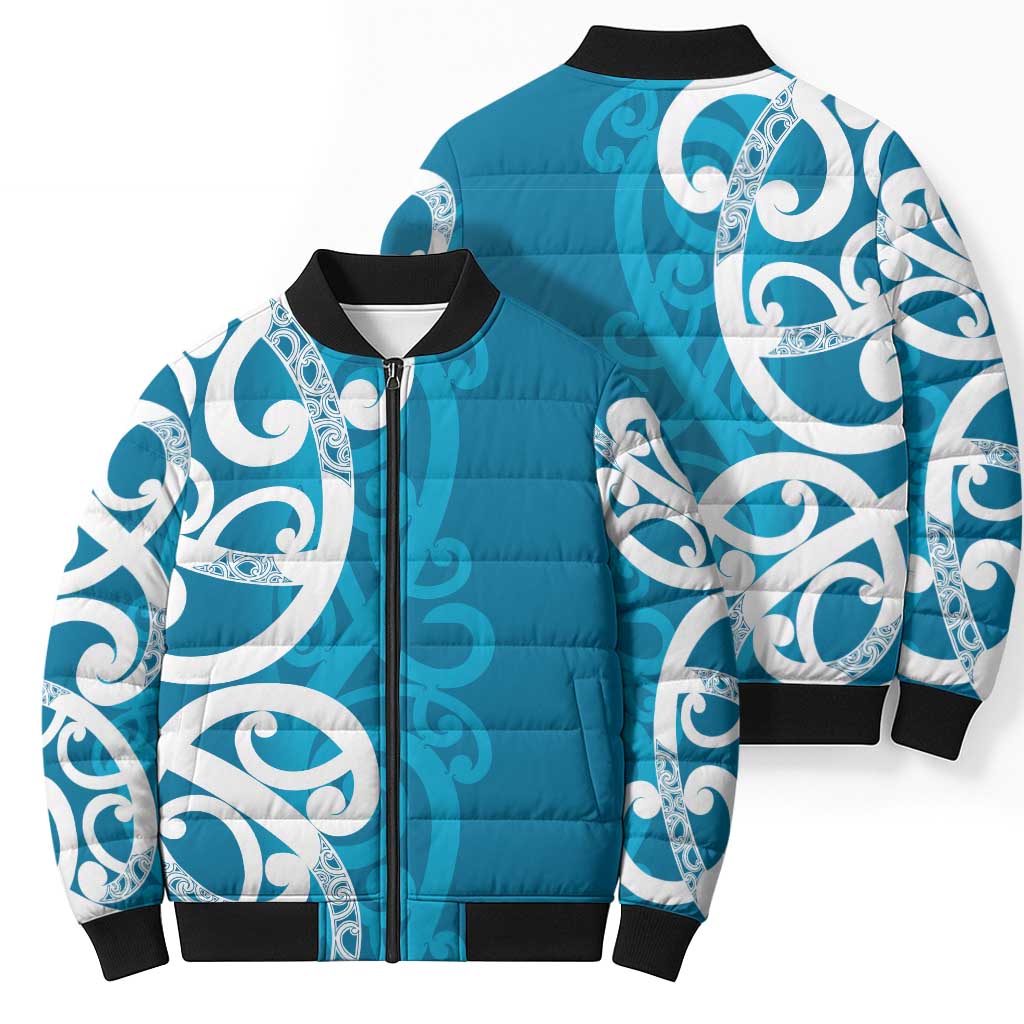 Azure Blue Maori Bomber Puffer Jacket Koru Kowhaiwhai - Polynesian Pride
