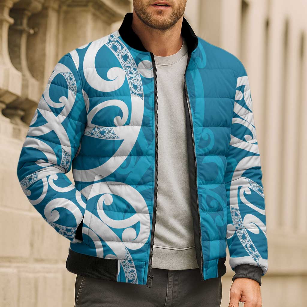 Azure Blue Maori Bomber Puffer Jacket Koru Kowhaiwhai - Polynesian Pride
