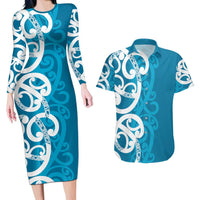 Azure Blue Maori Couples Matching Long Sleeve Bodycon Dress and Hawaiian Shirt Koru Kowhaiwhai LT7 Blue - Polynesian Pride