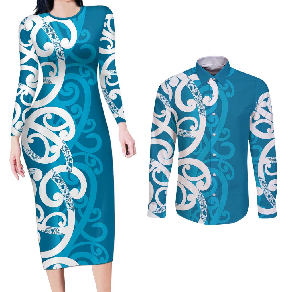 Azure Blue Maori Couples Matching Long Sleeve Bodycon Dress and Long Sleeve Button Shirt Koru Kowhaiwhai LT7 Blue - Polynesian Pride