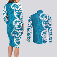 Azure Blue Maori Couples Matching Long Sleeve Bodycon Dress and Long Sleeve Button Shirt Koru Kowhaiwhai LT7 - Polynesian Pride