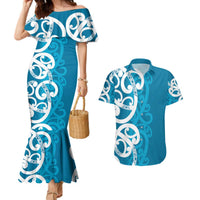 Azure Blue Maori Couples Matching Mermaid Dress and Hawaiian Shirt Koru Kowhaiwhai LT7 Blue - Polynesian Pride