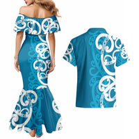 Azure Blue Maori Couples Matching Mermaid Dress and Hawaiian Shirt Koru Kowhaiwhai LT7 - Polynesian Pride