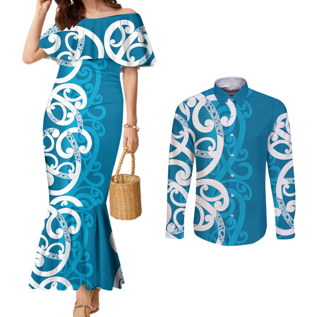 Azure Blue Maori Couples Matching Mermaid Dress and Long Sleeve Button Shirt Koru Kowhaiwhai LT7 Blue - Polynesian Pride