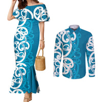 Azure Blue Maori Couples Matching Mermaid Dress and Long Sleeve Button Shirt Koru Kowhaiwhai LT7 Blue - Polynesian Pride