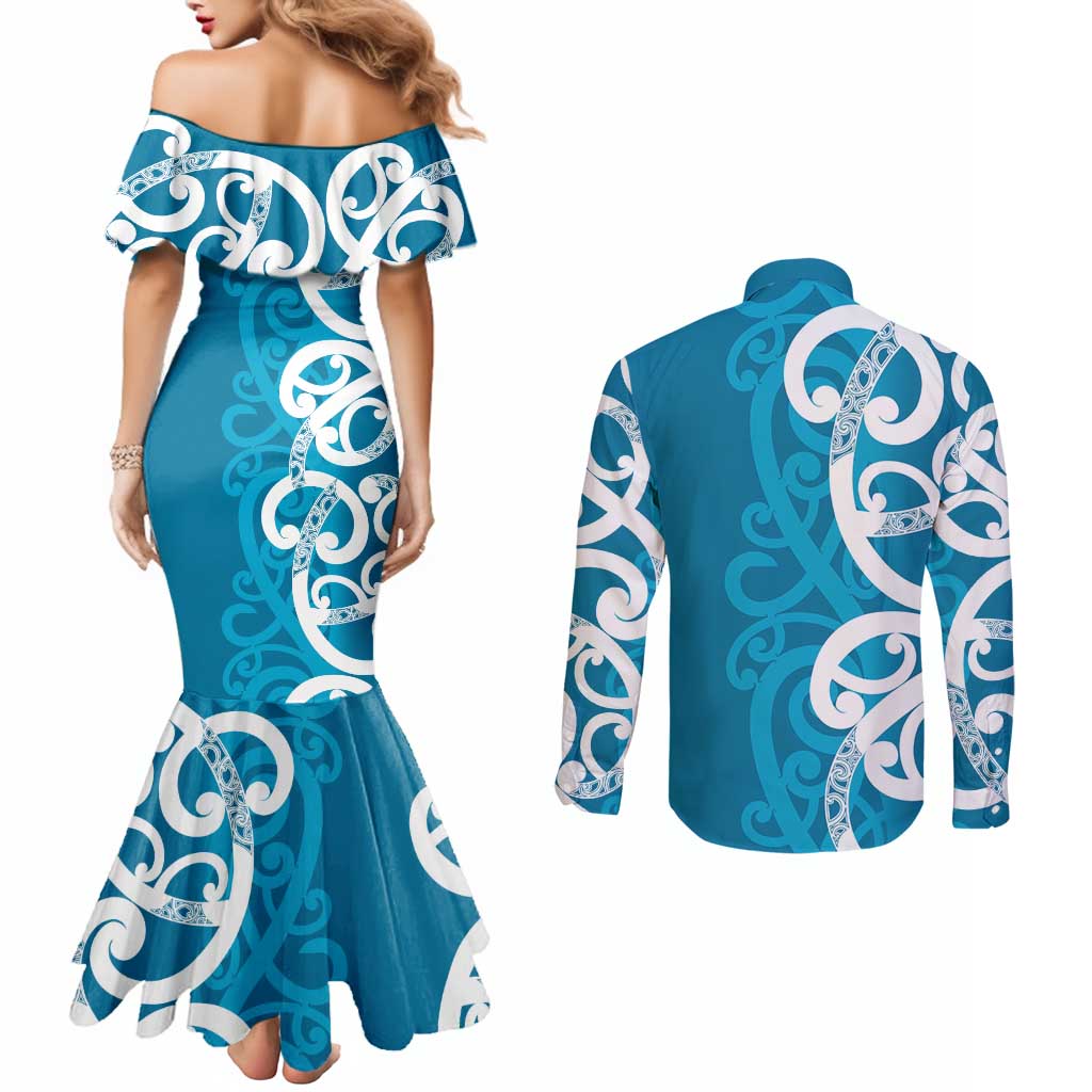 Azure Blue Maori Couples Matching Mermaid Dress and Long Sleeve Button Shirt Koru Kowhaiwhai LT7 - Polynesian Pride