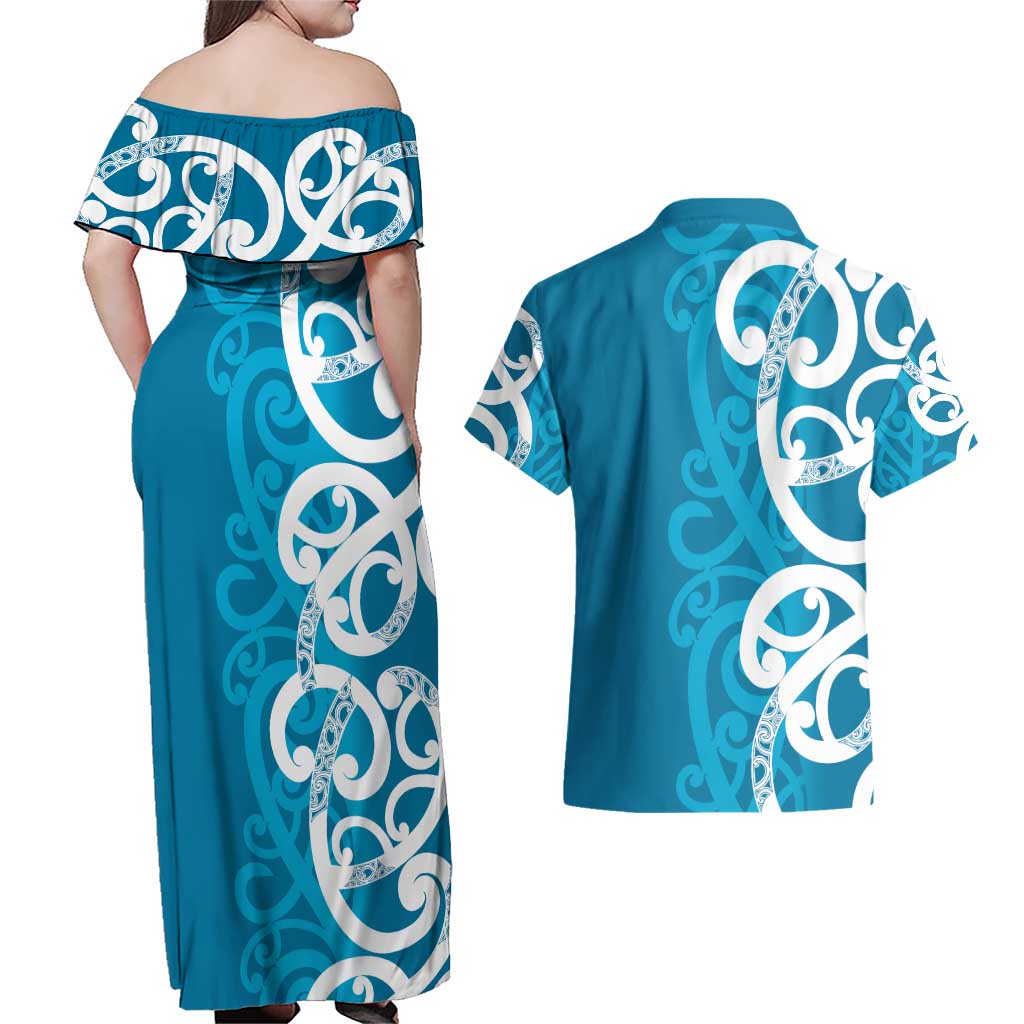 Azure Blue Maori Couples Matching Off Shoulder Maxi Dress and Hawaiian Shirt Koru Kowhaiwhai LT7 - Polynesian Pride