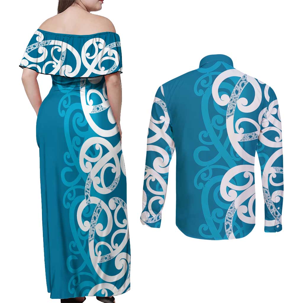 Azure Blue Maori Couples Matching Off Shoulder Maxi Dress and Long Sleeve Button Shirt Koru Kowhaiwhai - Polynesian Pride