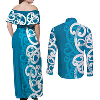 Azure Blue Maori Couples Matching Off Shoulder Maxi Dress and Long Sleeve Button Shirt Koru Kowhaiwhai - Polynesian Pride