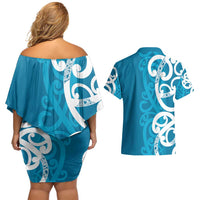 Azure Blue Maori Couples Matching Off Shoulder Short Dress and Hawaiian Shirt Koru Kowhaiwhai LT7 - Polynesian Pride