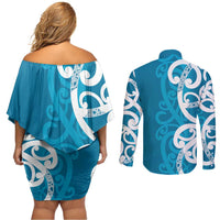Azure Blue Maori Couples Matching Off Shoulder Short Dress and Long Sleeve Button Shirt Koru Kowhaiwhai - Polynesian Pride