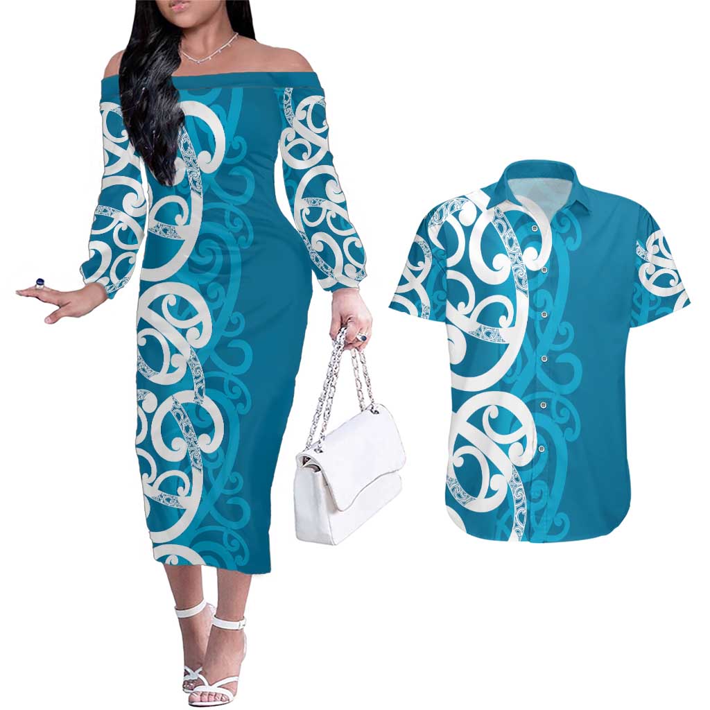 Azure Blue Maori Couples Matching Off The Shoulder Long Sleeve Dress and Hawaiian Shirt Koru Kowhaiwhai LT7 Blue - Polynesian Pride