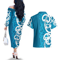 Azure Blue Maori Couples Matching Off The Shoulder Long Sleeve Dress and Hawaiian Shirt Koru Kowhaiwhai LT7 - Polynesian Pride