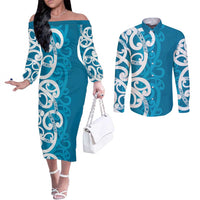 Azure Blue Maori Couples Matching Off The Shoulder Long Sleeve Dress and Long Sleeve Button Shirt Koru Kowhaiwhai LT7 Blue - Polynesian Pride