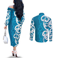 Azure Blue Maori Couples Matching Off The Shoulder Long Sleeve Dress and Long Sleeve Button Shirt Koru Kowhaiwhai LT7 - Polynesian Pride