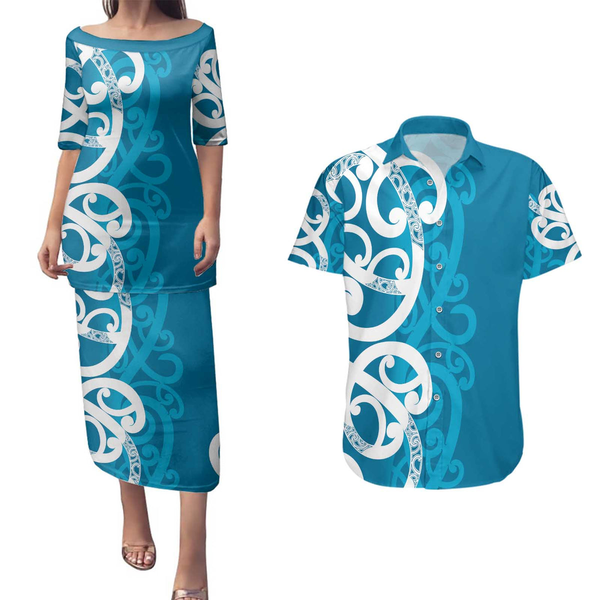 Azure Blue Maori Couples Matching Puletasi and Hawaiian Shirt Koru Kowhaiwhai - Polynesian Pride