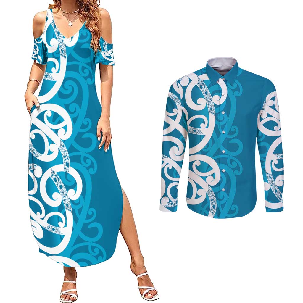 Azure Blue Maori Couples Matching Summer Maxi Dress and Long Sleeve Button Shirt Koru Kowhaiwhai - Polynesian Pride