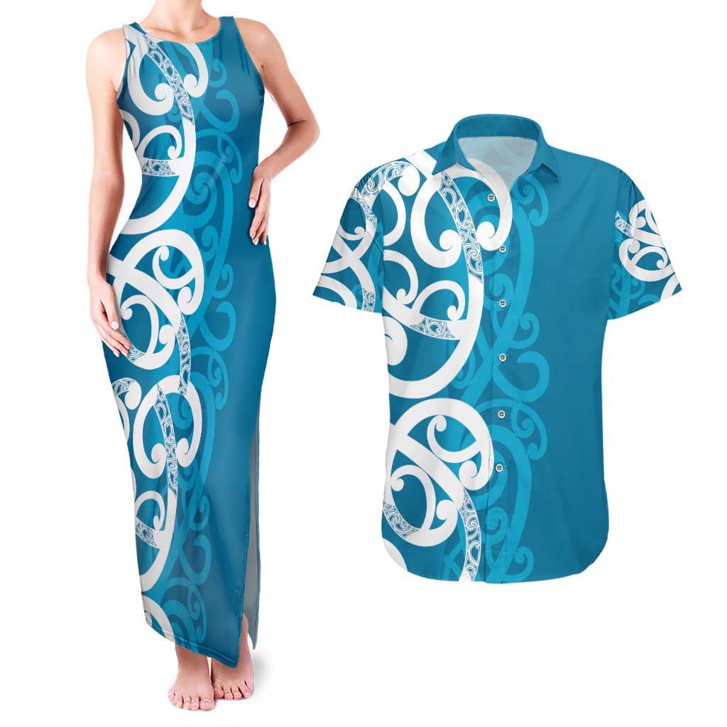 Azure Blue Maori Couples Matching Tank Maxi Dress and Hawaiian Shirt Koru Kowhaiwhai LT7 Blue - Polynesian Pride