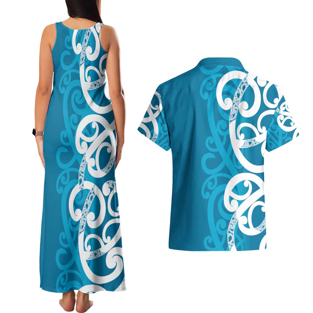 Azure Blue Maori Couples Matching Tank Maxi Dress and Hawaiian Shirt Koru Kowhaiwhai LT7 - Polynesian Pride