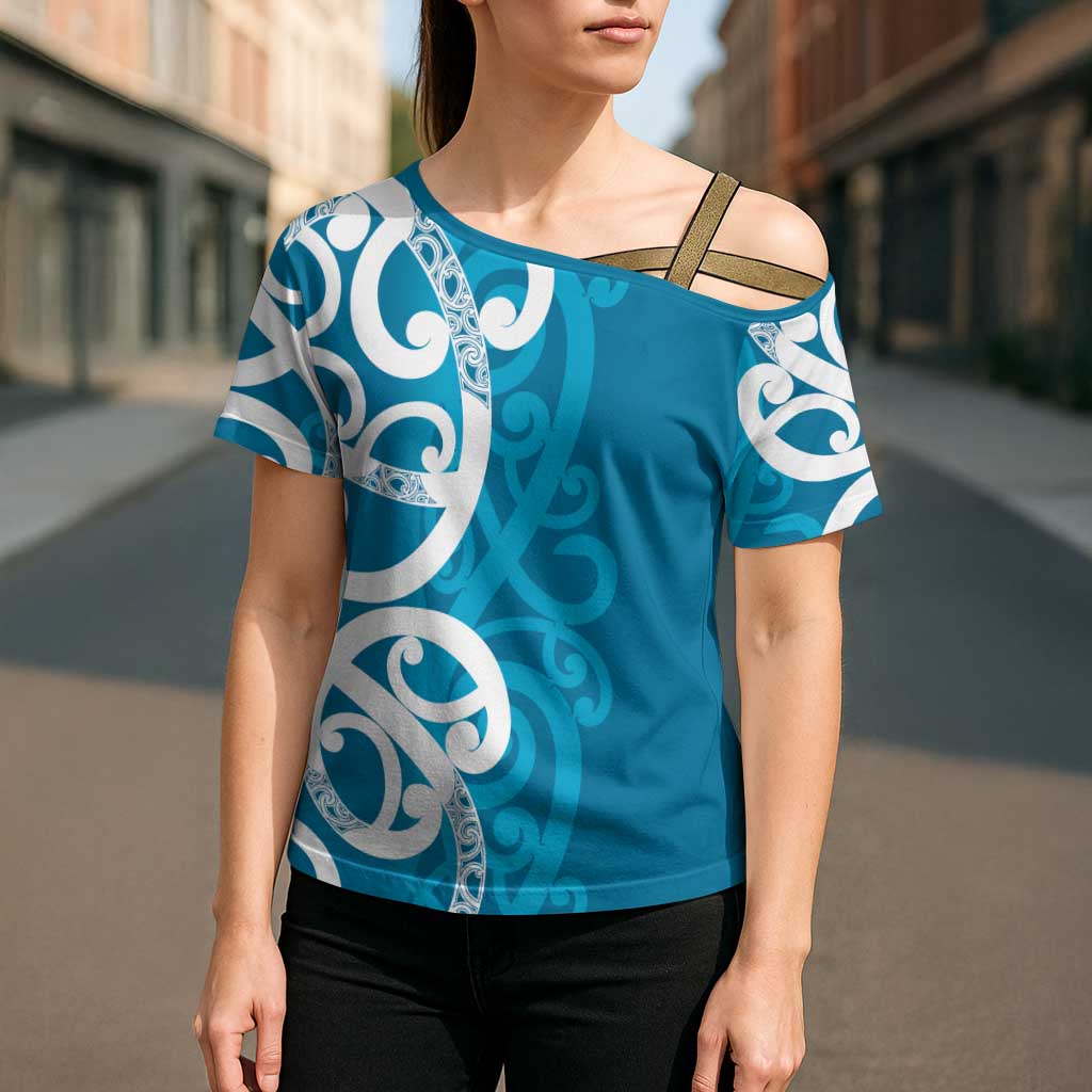 Azure Blue Maori Cross Shoulder Shirt Koru Kowhaiwhai - Polynesian Pride