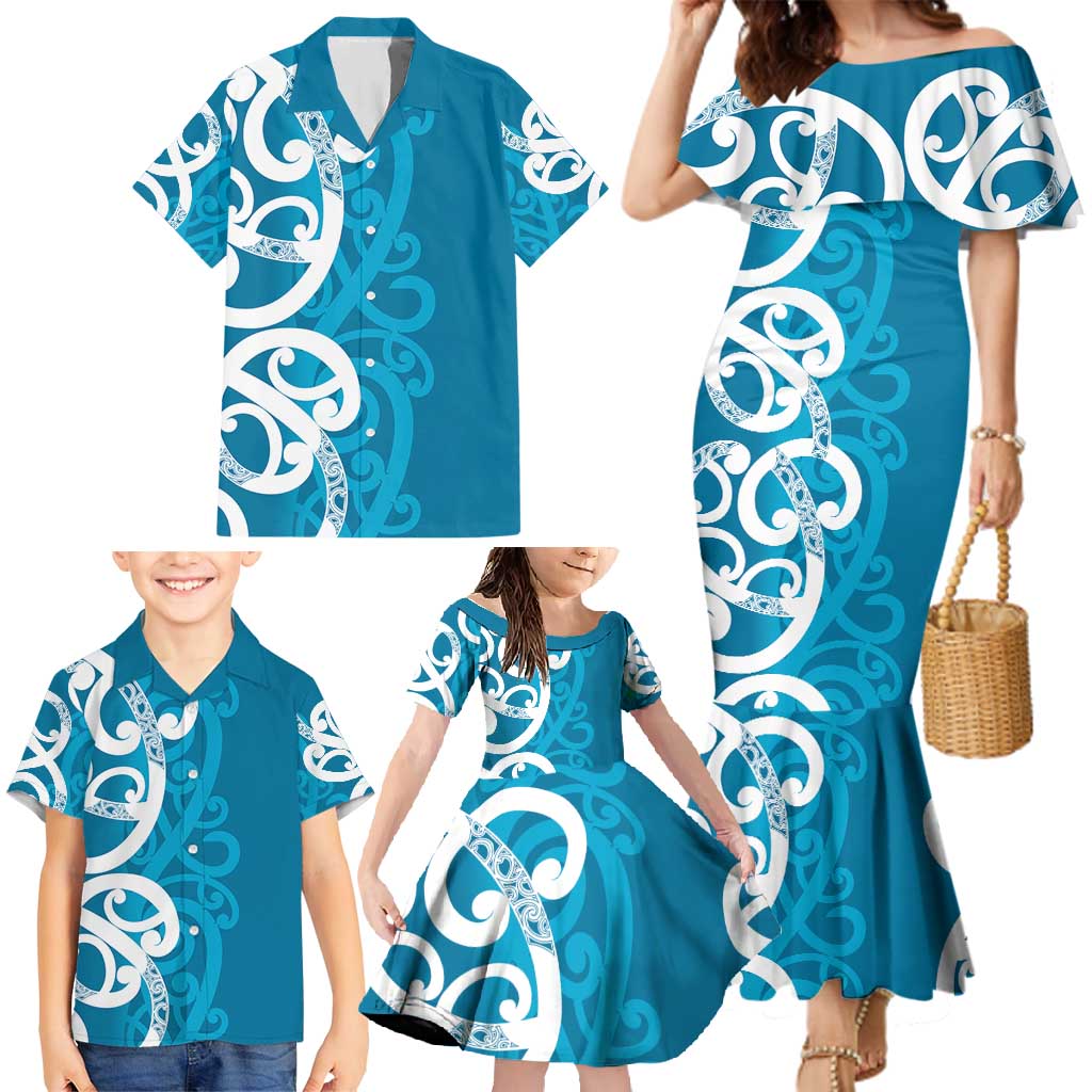 Azure Blue Maori Family Matching Mermaid Dress and Hawaiian Shirt Koru Kowhaiwhai LT7 - Polynesian Pride