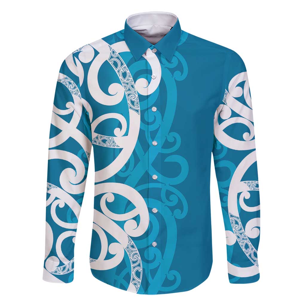 Azure Blue Maori Family Matching Mermaid Dress and Hawaiian Shirt Koru Kowhaiwhai LT7 Dad's Shirt - Long Sleeve Blue - Polynesian Pride