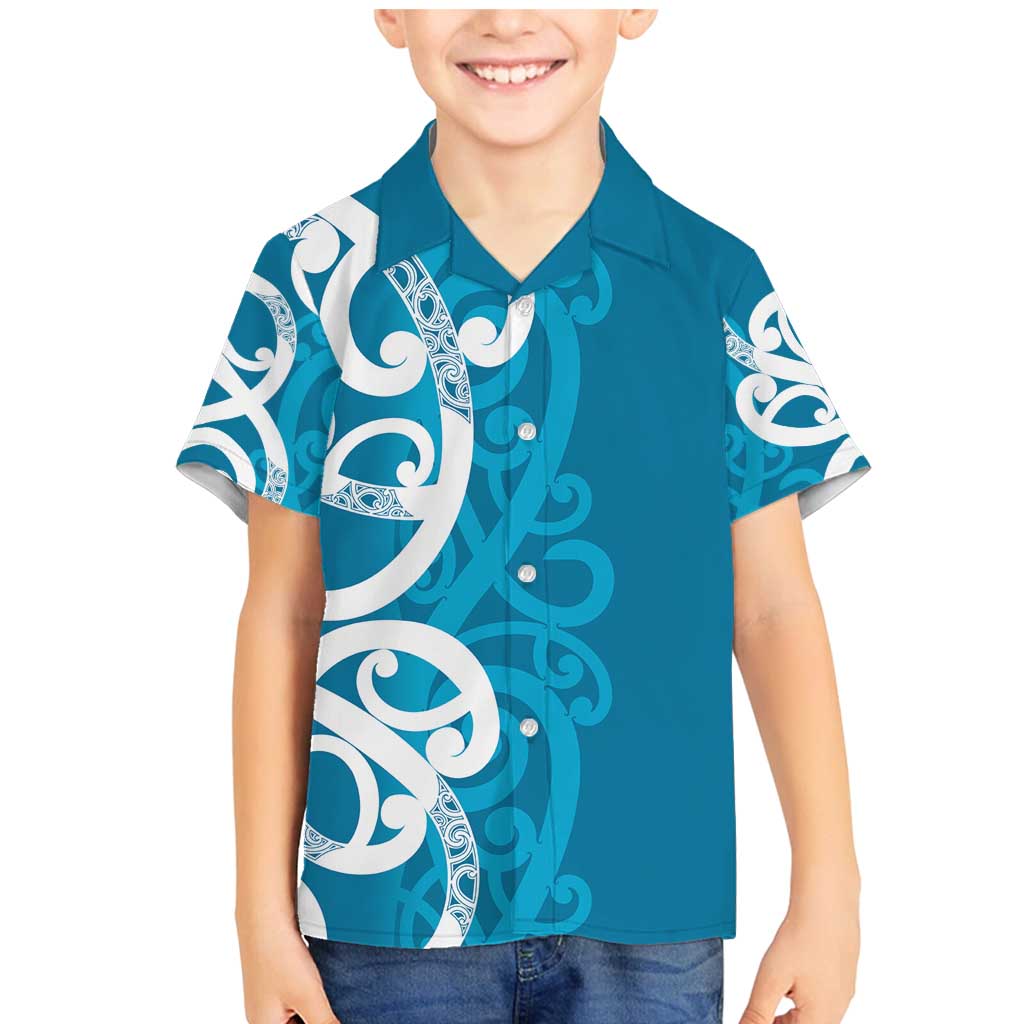 Azure Blue Maori Family Matching Mermaid Dress and Hawaiian Shirt Koru Kowhaiwhai LT7 Son's Shirt Blue - Polynesian Pride